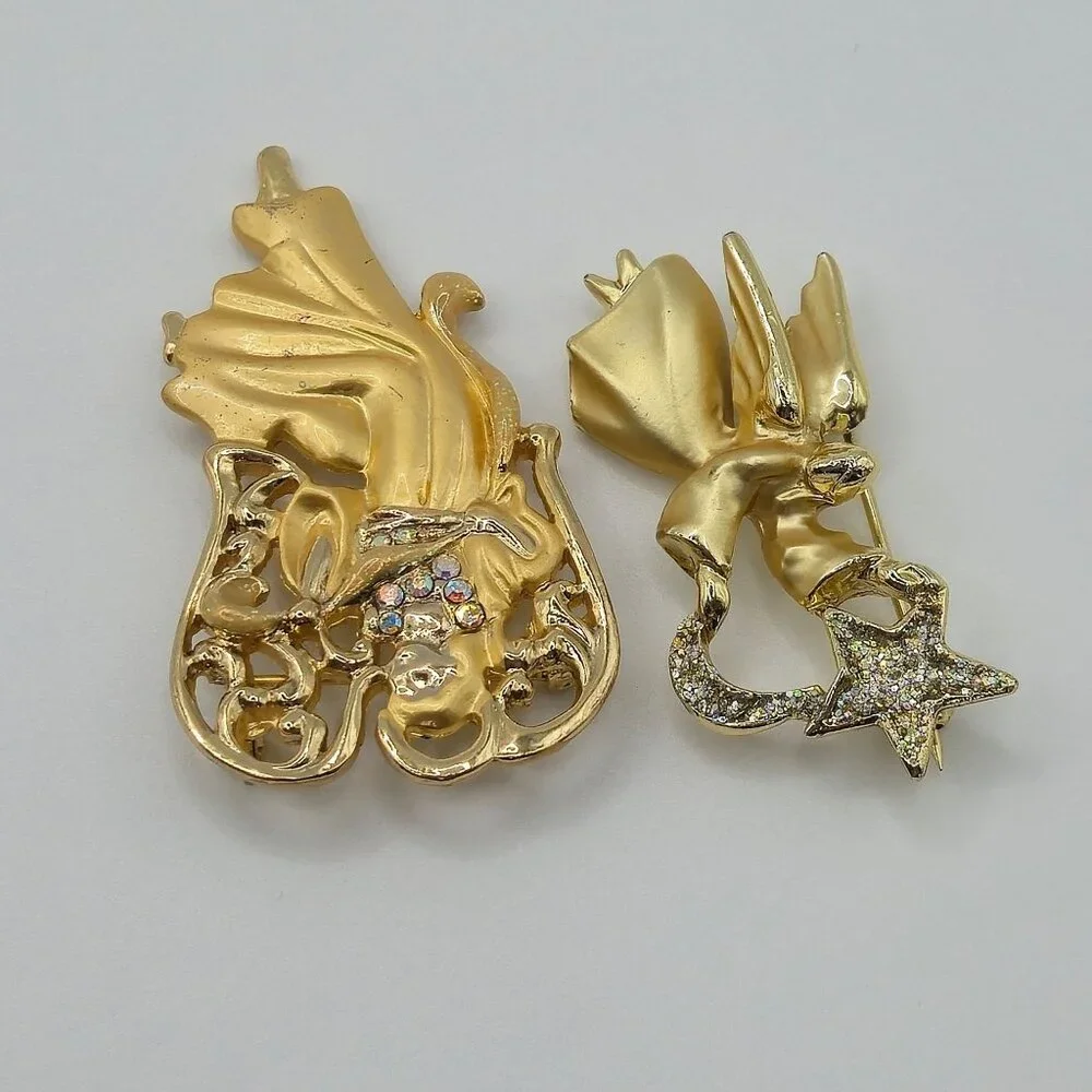 Festive Joy Holiday Gold Tone Angels Religious Faith Christian Brooch Pins‎ 2PC